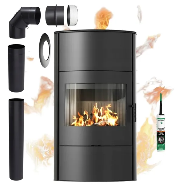 PIEC WOLNOSTOJACY KOMINEK KOZA NA DREWNO ROLLO 2/W 10kW CZARNY ZESTAW FI150