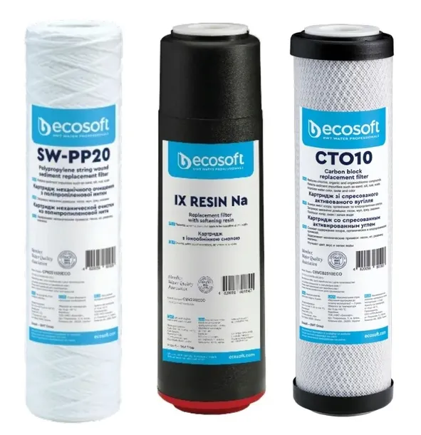 3x wkłady filtrujące wodę 10" ECOSOFT sznurkowy 20 um zmiękczający węglowy