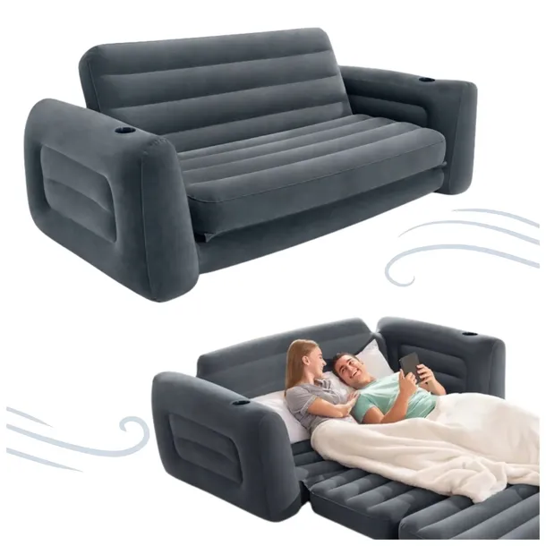 Dmuchana Komfortowa Sofa Łóżko Materac 2w1 Dwuosobowe Szara Stylowa Intex