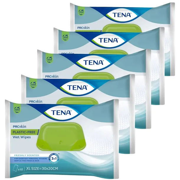 5x48szt Chusteczki oczyszczające TENA WET WIPES mokre DUŻE bez plastiku