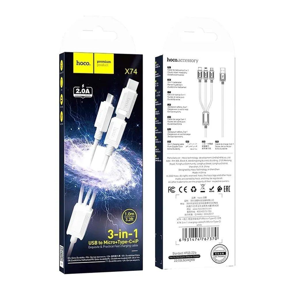 hoco-kabel-3w1-usb-a-do-lightning-micro-usb-typ-c-2a-x74-1-m-bialy-stan-nowy
