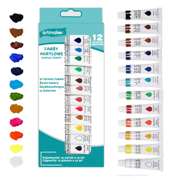 FARBY AKRYLOWE akryle farbki do malowania 12 szt 12 ml Artmaker zestaw farb