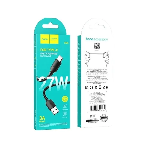 hoco-kabel-usb-do-typ-c-hyper-power-delivery-27w-x96-1m-czarny-zlacza-usb-usb-typ-c