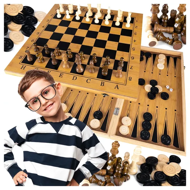 Zestaw Gra Szachy Warcaby Backgammon 3W1 Drewniane Klasyczne Duże Tryktrak