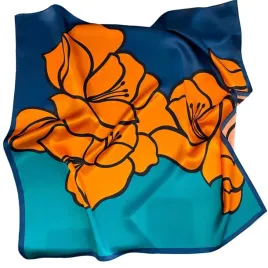 kamea-apaszka-70x70-jedwabna-turkusowa-pomaranczowy-kwiat-tropikalny