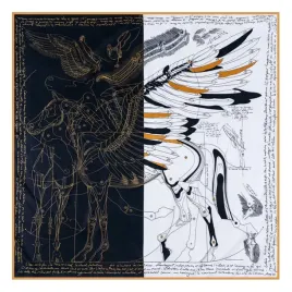 kamea-apaszka-90x90-czarno-ecru-artystyczna-skrzydlo-zolty-akcent
