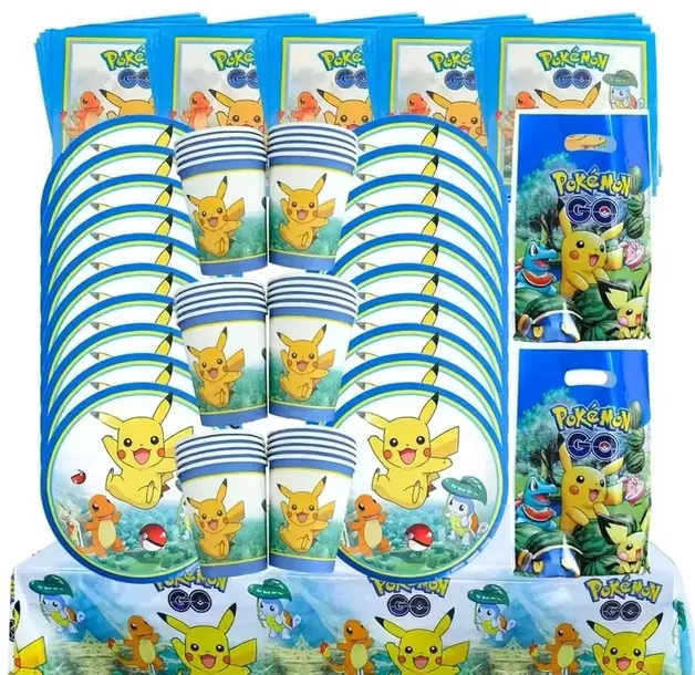 POKEMON PIKACHU KUBKI + TALERZYKI + SERWETKI + TOREBKI + OBRUS 81el /20 os