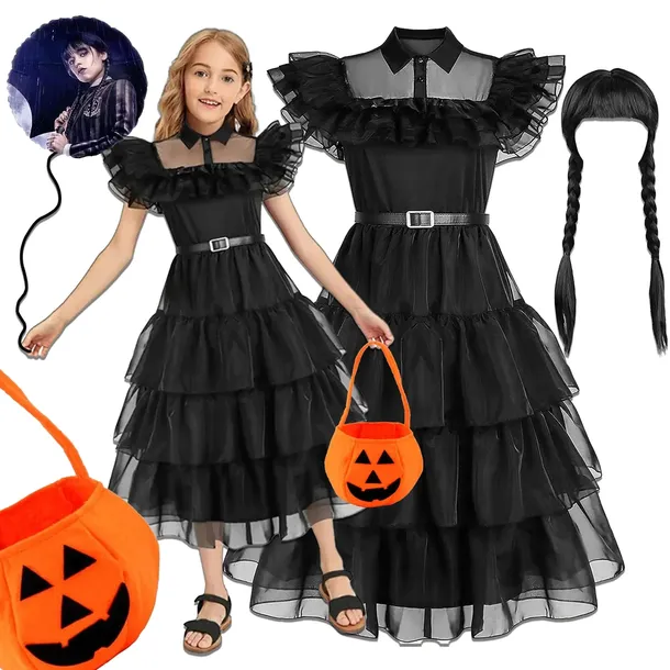 STRÓJ KARNAWAŁOWY WEDNESDAY KOSTIUM HALLOWEEN 134 / 140 + PERUKA i BALON