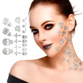 tatuaze-zmywalne-czaszki-roze-krzyze-srebrne-silver-na-halloween