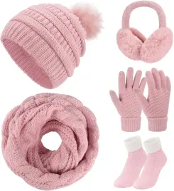zestaw-zimowy-5-w-1-czapka-komin-rekawiczki-skarpetki-nauszniki-rozowe