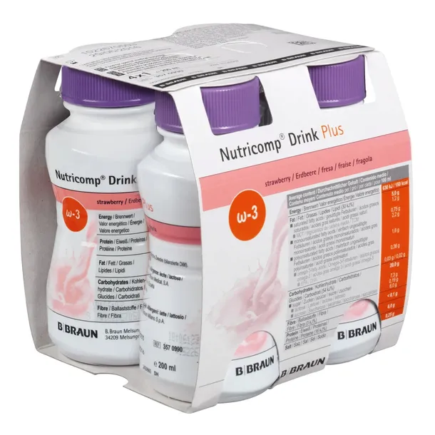 Nutricomp Drink Plus 4 x 200 ml proteiny, omega-3, witaminy, smak truskawka
