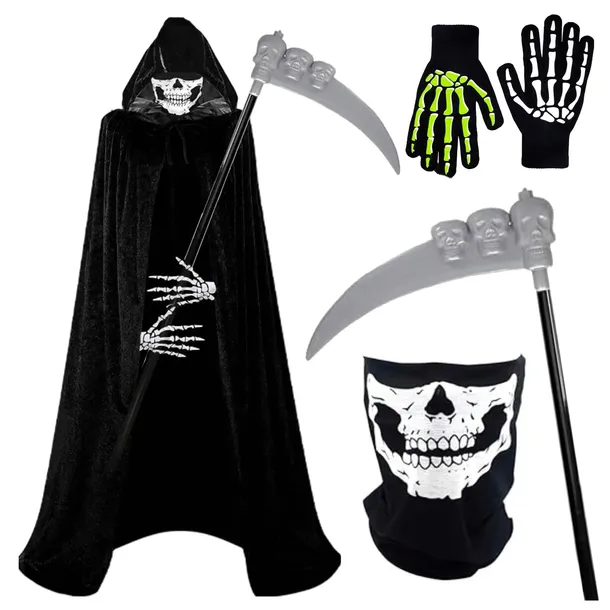 STRÓJ NA HALLOWEEN ŚMIERĆ KOSTUCHA PELERYNA MASKA KOSA ŚWIECĄCE RĘKAWICZKI