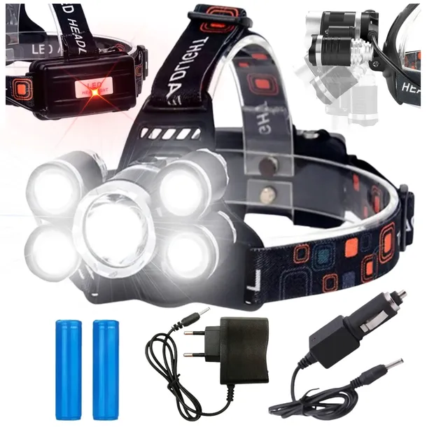 MOCNA LATARKA CZOŁOWA AKUMULATOROWA 5x LED CREE XM-L T6 CZOŁÓWKA NA GŁOWĘ