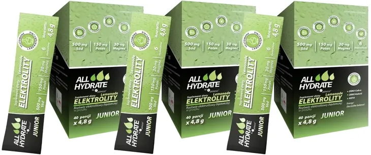 3x ALLHydrate Elektrolity STICK JUNIOR Lemonade Magnez Potas Wapń Sód 40szt
