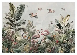 fototapeta-flamingi-dzungla-liscie-palmy-tropikalne-rosliny-do-salonu