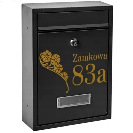 skrzynka-pocztowa-na-listy-czarna-wzor-zloty-napis-skrzynka-z-napisem