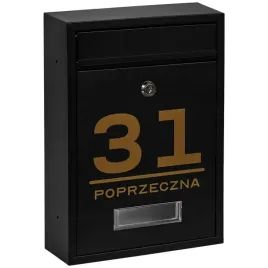 skrzynka-pocztowa-na-listy-czarna-wzor-zloty-napis-skrzynka-z-napisem