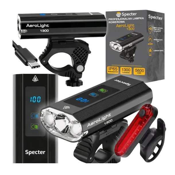 Lampka Rowerowa Specter 1300Lm Zestaw Tył LED USB Powerbank Wodoodporne