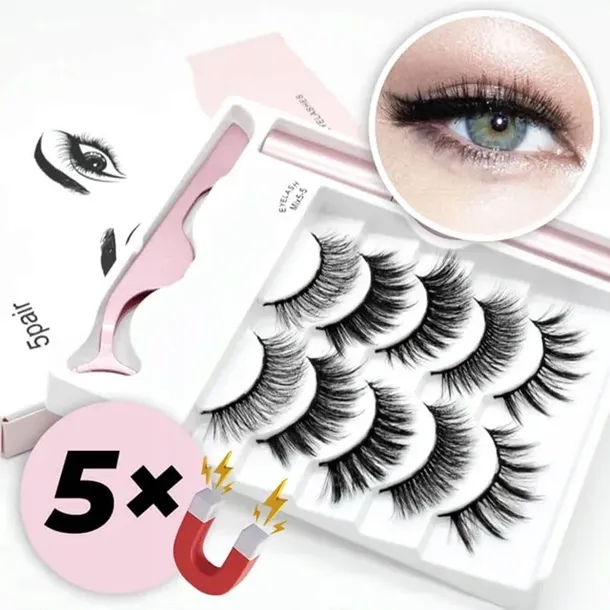 Rzęsy Magnetyczne 5 PAR Sztuczne DŁUGIE Zestaw XXXL + PĘSETA + EYELINER
