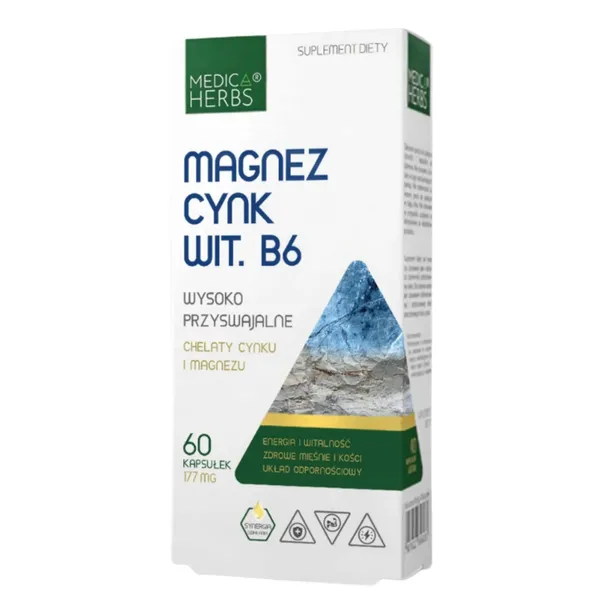 Medica Herbs Magnez Cynk Wit. B6 - 60 Kapsułek Wspiera Układ Nerwowy