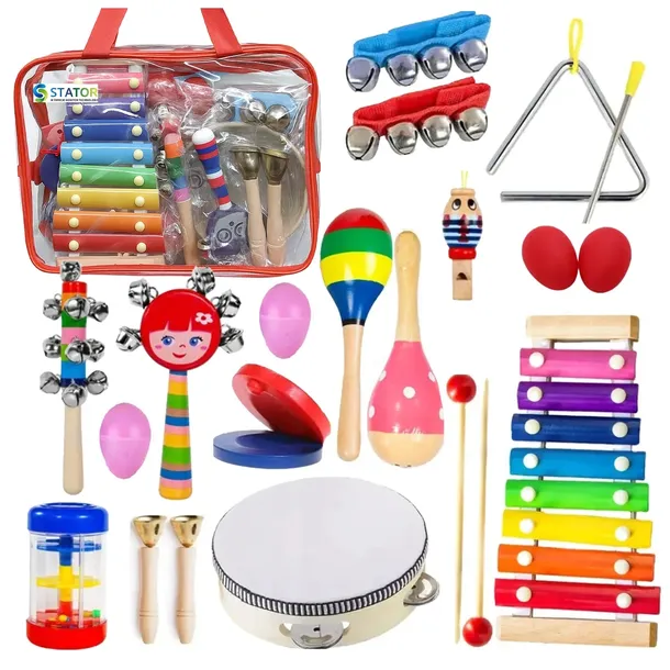 DREWNIANE INSTRUMENTY dla dzieci MUZYCZNE CYMBAŁKI TRÓJKĄT 18 EL. + TORBA