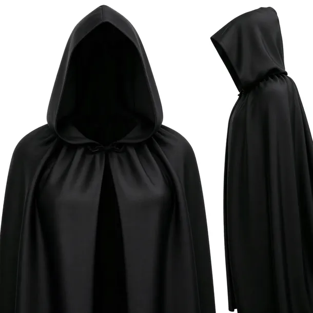 CZARNA DŁUGA PELERYNA PŁASZCZ STRÓJ NA BAL HALLOWEEN Z KAPTUREM KOSTUCHA