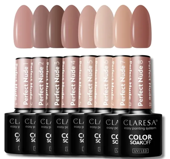 CLARESA PERFECT NUDE 1-8 LAKIER HYBRYDOWY ZESTAW CAŁA KOLEKCJA BEŻE BRĄZY