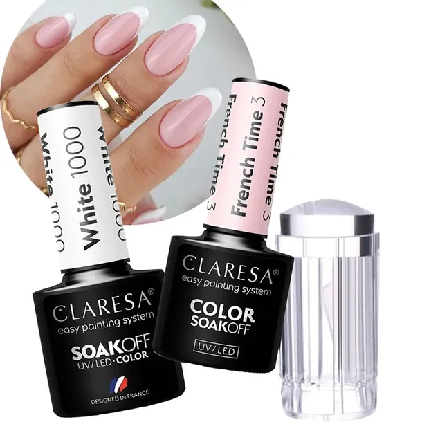 Zestaw do paznokci Claresa Lakiery French Time + Biały + Stempel