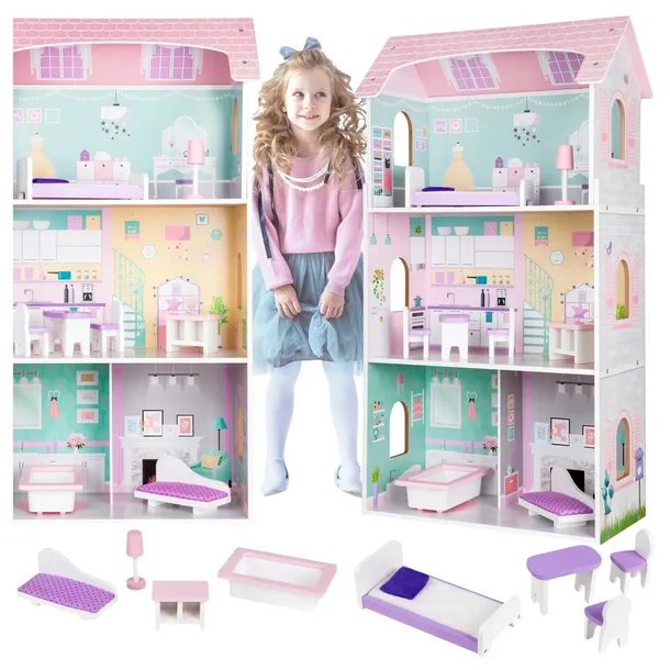 Drewniany domek dla lalek + mebelki wysoka rezydencja Jagodowa ECOTOYS