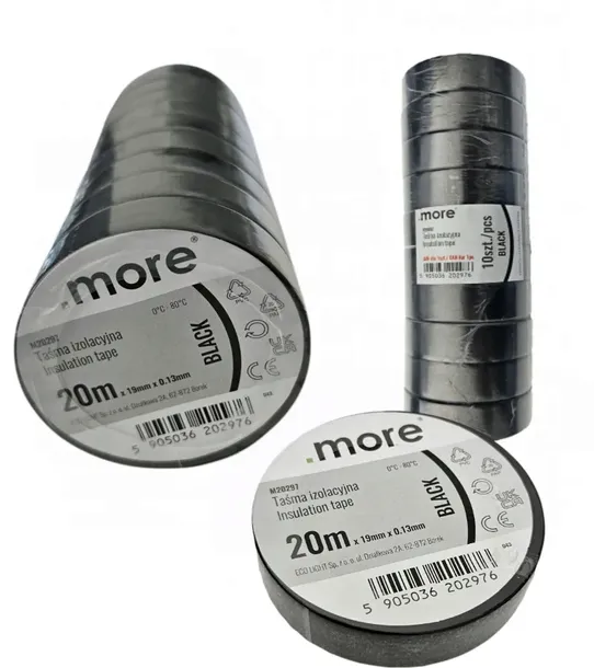Taśma Izolacyjna 19mm x 0,13mm CZARNA 20m 10szt ZESTAW Ecolight MORE
