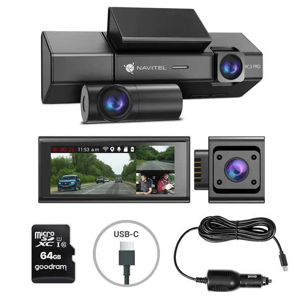 Wideorejestrator NAVITEL RC3 PRO - tryb parkingowy + Karta SD 64 GB Goodram
