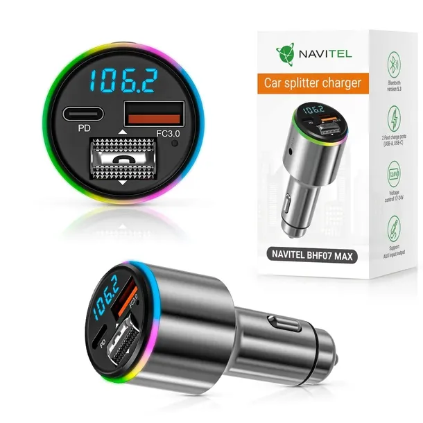 Transmiter FM Bluetooth Navitel BHF07 MAX wejście AUX, porty USB-A USB-C