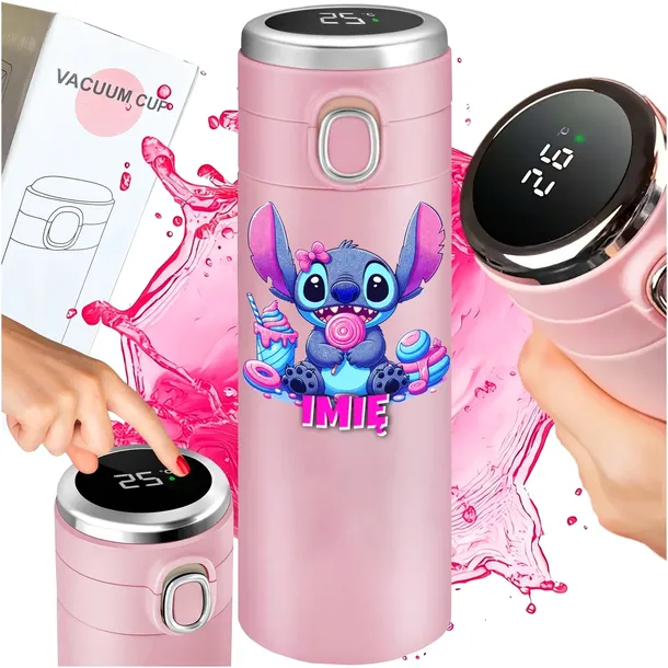 KUBEK TERMICZNY LED RÓŻOWY LILO I STICH STITCH DLA DZIECKA DO SZKOŁY IMIĘ 5