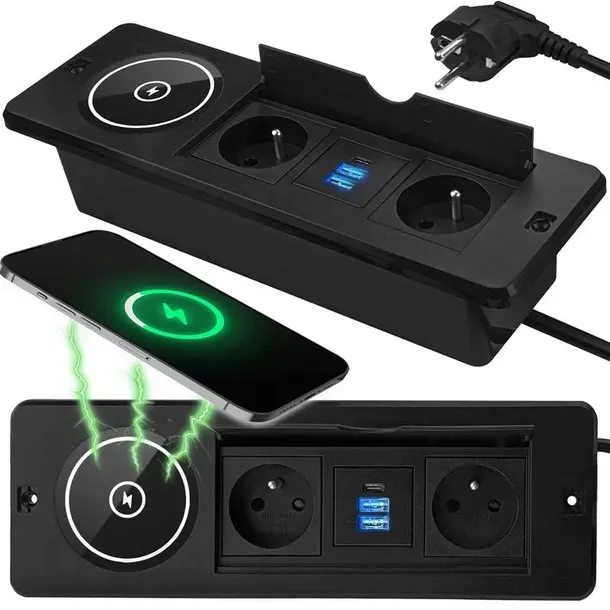 Gniazdo Nablatowe Chowane W Blat Ładowarka Indukcyjna QI + 2x USB + USB C