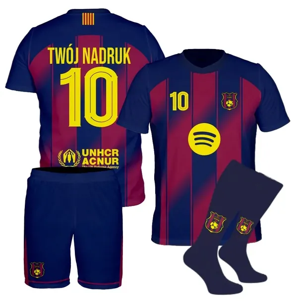 Strój piłkarski BARCELONA + getry WŁASNY NADRUK rozmiar 134