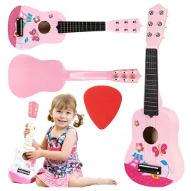 gitara-dla-dzieci-drewniana-metalowe-struny-kostka-rozowa-ecotoys