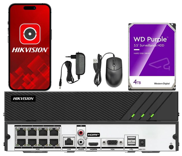 Rejestrator IP Hikvision 8ch PoE 8 Kanałów do 8MPx + Dysk HDD 4TB WD Purple