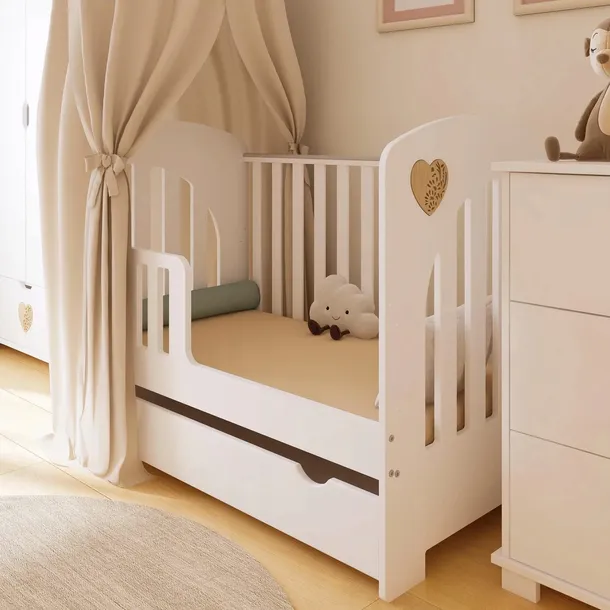 Łóżeczko 2w1 HEART 120x60 z szufladą i barierką BIEL