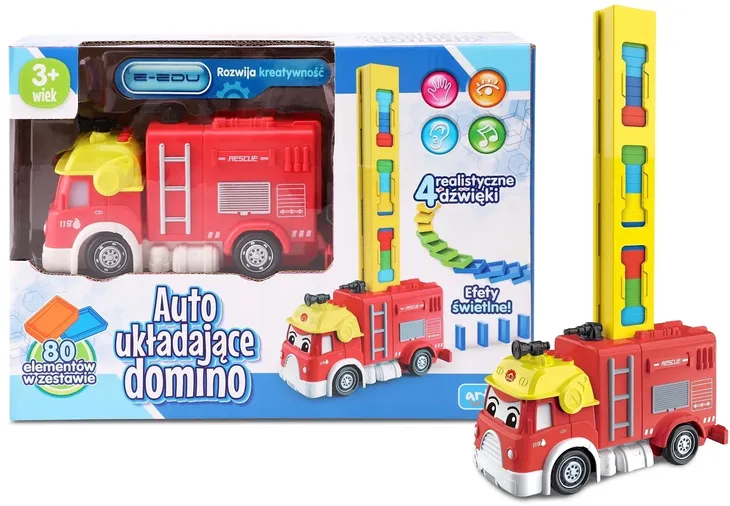 WÓŻ STRAŻACKI AUTO UKŁADAJĄCE DOMINO INTERAKTYWNE DŹWIĘKI ŚWIATEŁKA MÓWI