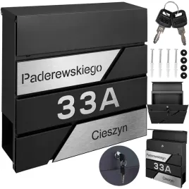 spersonalizowana-czarna-skrzynka-na-listy-z-gazetnikiem-i-adresem-wykonanym-laserowo