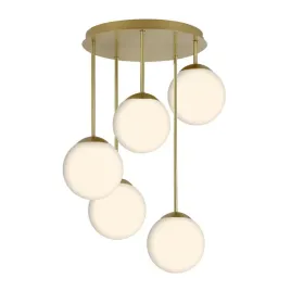 lampa-sufitowa-wiszaca-zlota-okragla-piec-bialych-kloszy-mleczna-kula-5xe27
