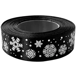 tasma-satynowa-wstazka-25mm-23mb-czarny-ze-sniezynkami-swiateczna