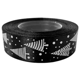 tasma-satynowa-wstazka-25mm-23mb-czarny-z-choinkami-swiateczna
