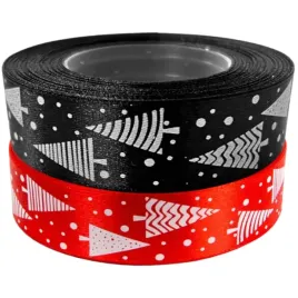 zestaw-swiatecznych-wstazek-25mm-23m-czarny-czerwony-z-choinkami
