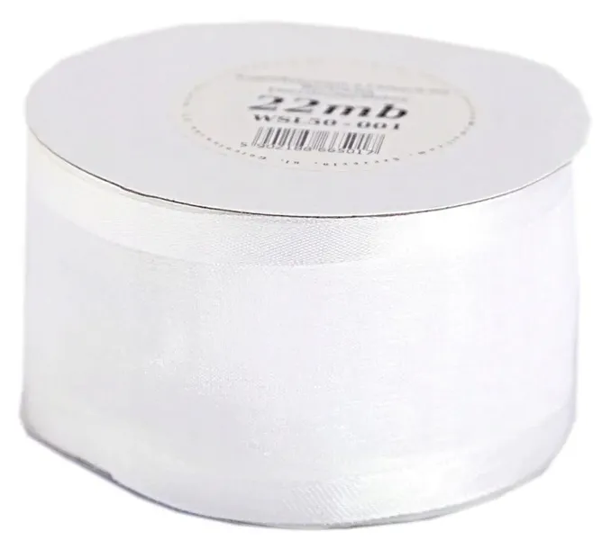Wstążka szyfonowa z lamówką, 50mm/22mb, biała - WSL50-001