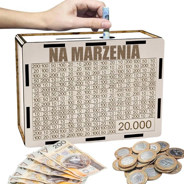 SKARBONKA WYKREŚLANA PREZENT CEL 20000 PERSONALIZACJA BIAŁA NA MARZENIA