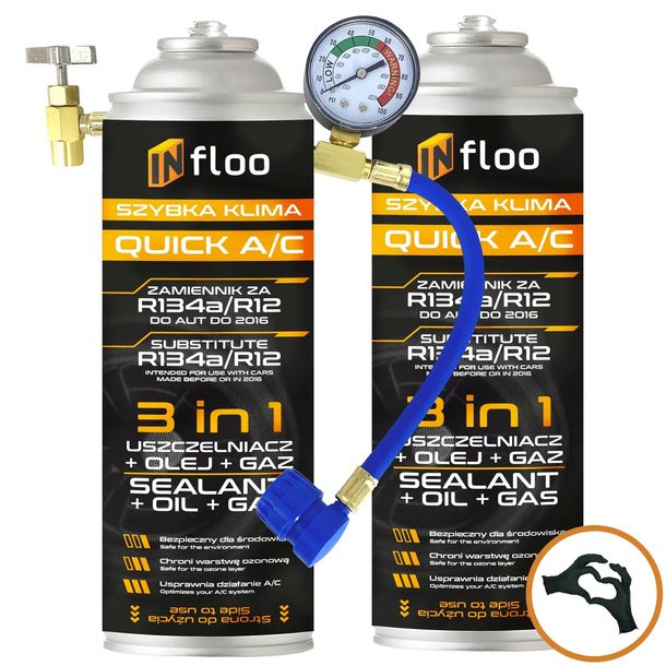 INfloo 2x Szybka Klima R134a Gaz Olej Uszczelniacz 3w1+PRZEWÓD Z MANOMETREM