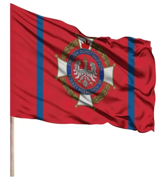 Flaga OSP Ochotnicza Straż Pożarna Premium 112x70 CM TUNEL NA KIJ DRZEWIEC