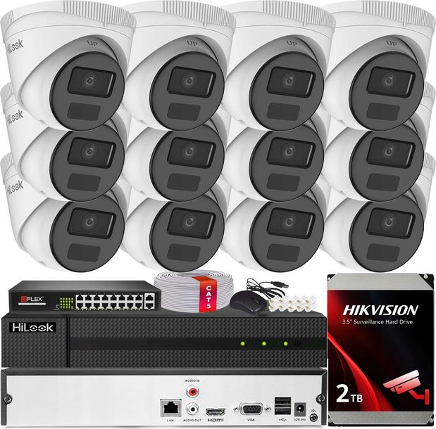 ZESTAW MONITORINGU POE NA 12 KAMER 2MPx IR20m Hilook Hikvision HDD 2TB