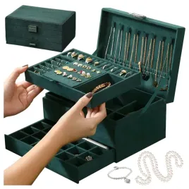 szkatulka-na-bizuterie-organizer-2-poziomy-szuflada-klucz-kuferek-zielona